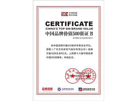 中国品牌价值500强证书